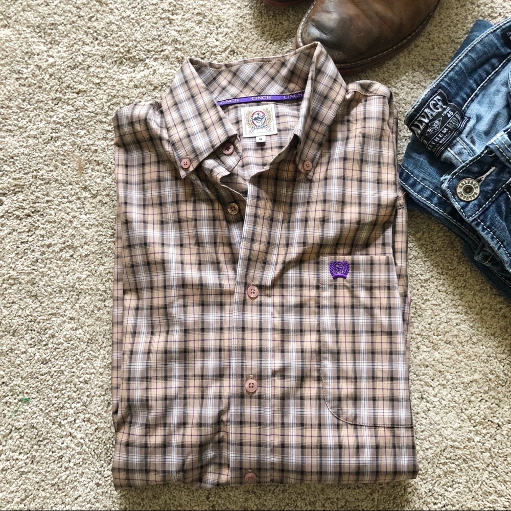 Cinch brown white plaid men’s button down shirt